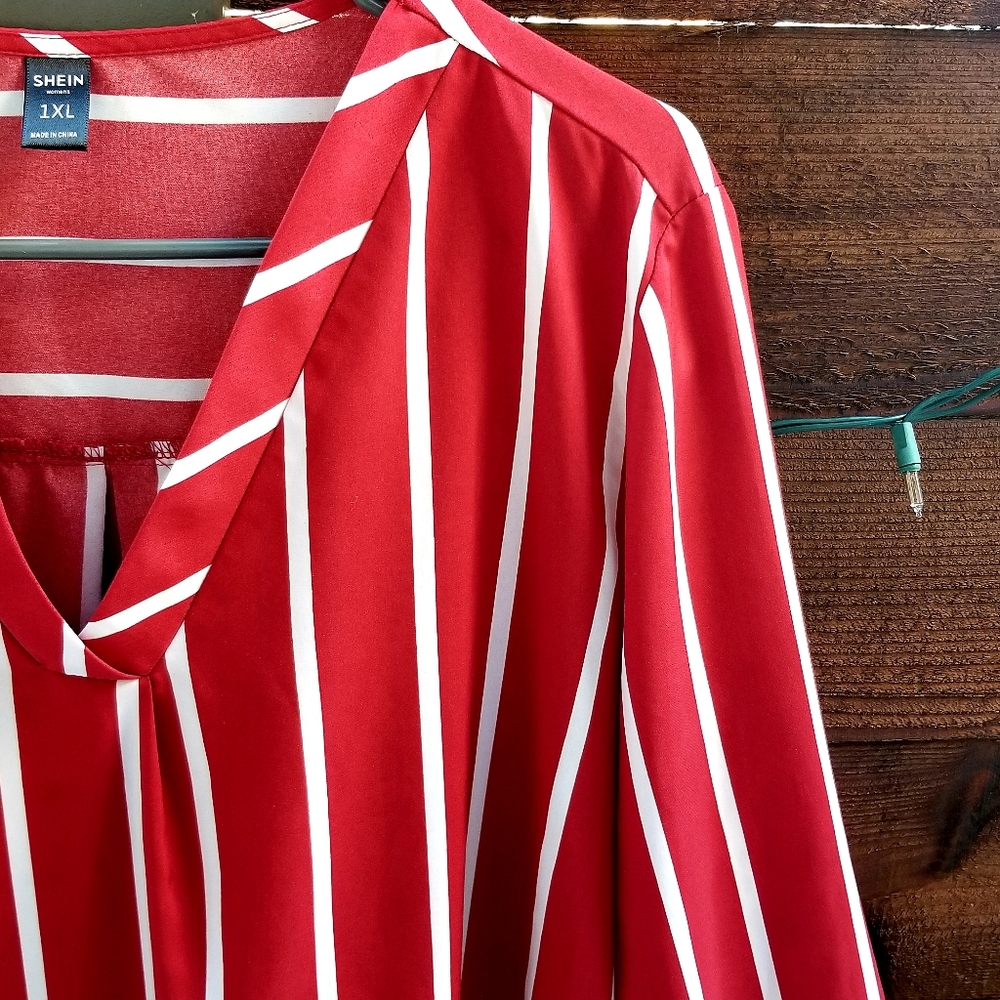 Red and White, Vertical, V-Neck Blouse